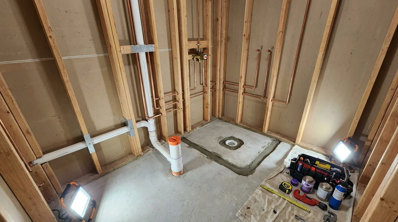 Bathroom rough-in plumbing during remodel by Johns Plumbing LLC in Branford