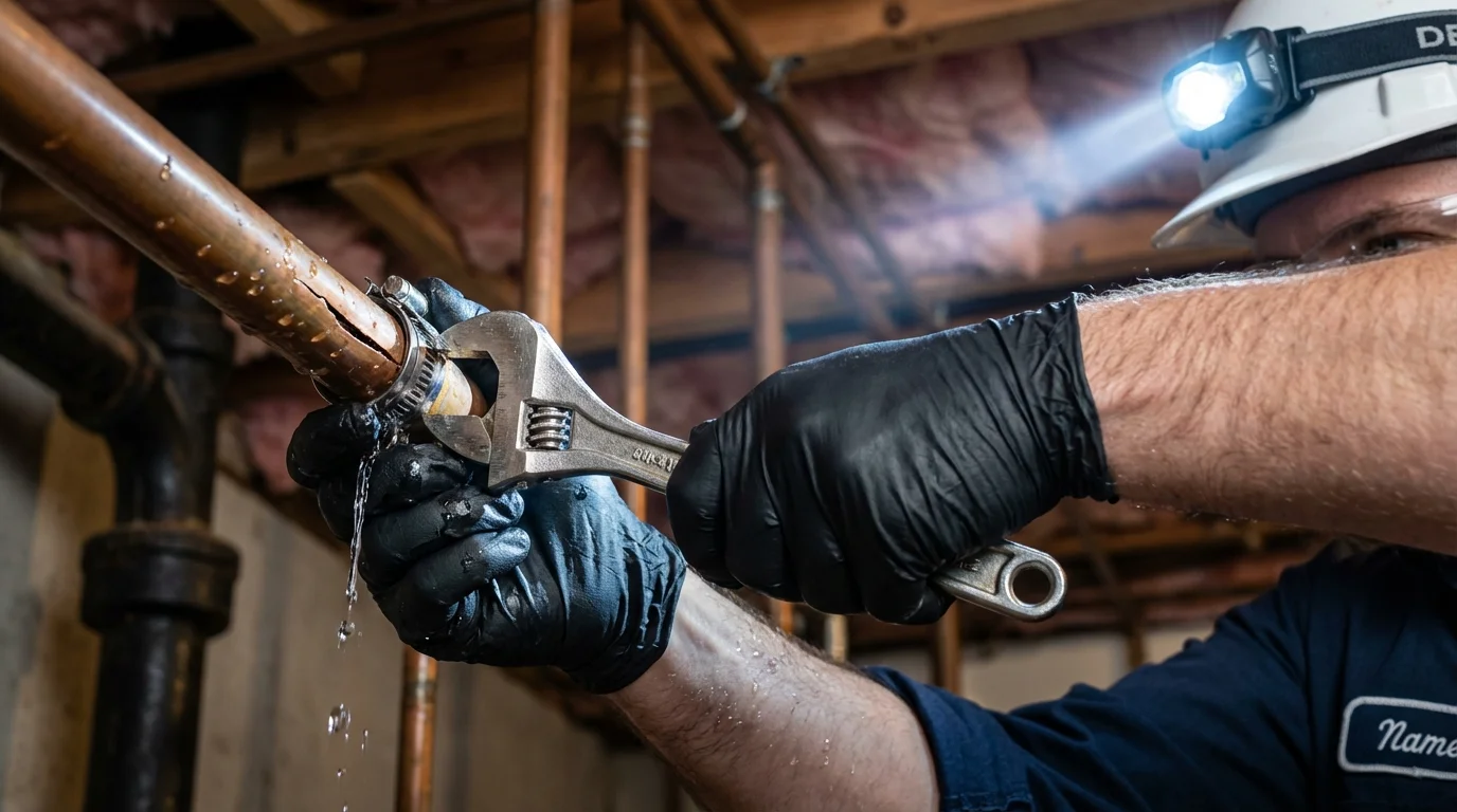 Emergency pipe clamp repair being performed by a Johns Plumbing LLC plumber in Branford