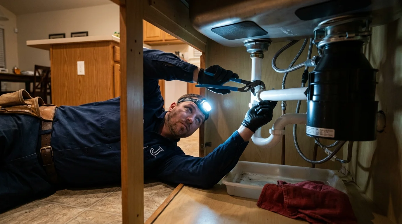 P-trap and supply line connections under a kitchen sink showing a common leak point in Branford, CT